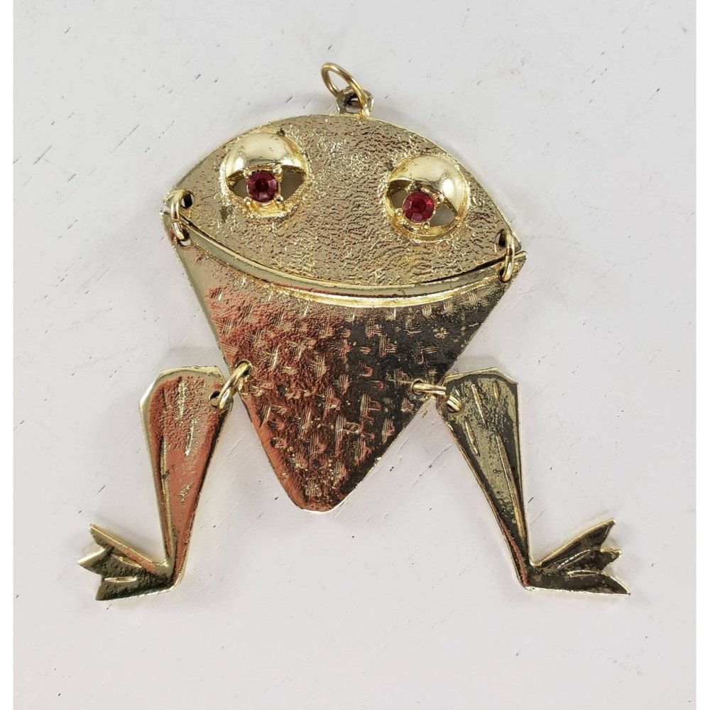 Vintage Oversized Articulated Frog Necklace Pendant Gold Tone Red Eyes